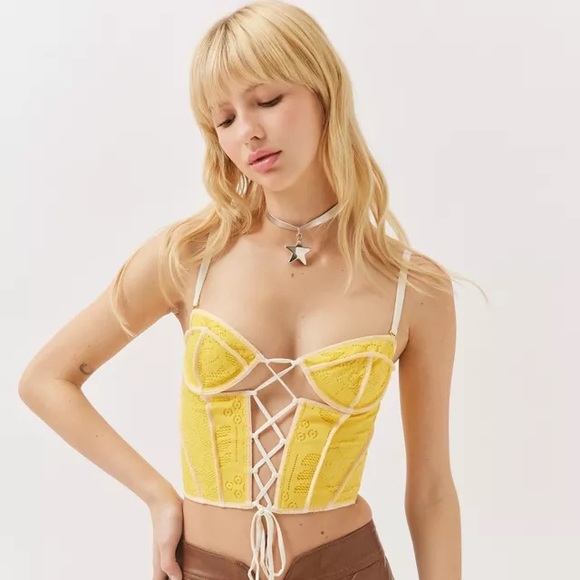 Urban Outfitters OutFrom Under Amour Lace Lace up corset yellow and pink - Picture 2 of 4